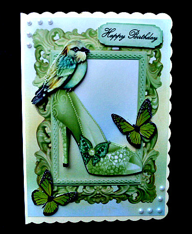 Pretty Green Sparkle Shoe with Bird and Butterflies by Diane  Hitchcox