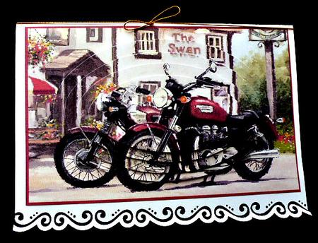 Vintage Motor Bikes Outside a Pub! Oval Pyramids by Diane  Hitchcox