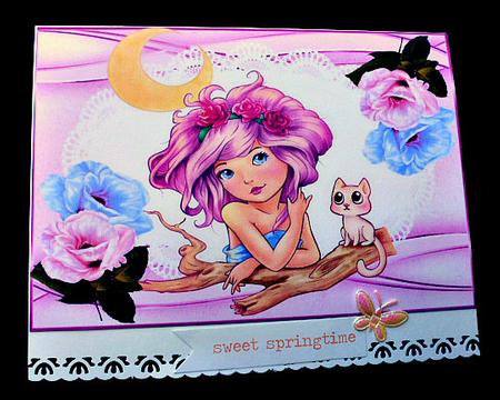 Sweet Little Moonchild with Her Kitty & Flowers A4 by Diane  Hitchcox