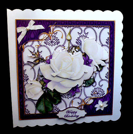 White Rose Spray in Violet Frame Card Front by Diane  Hitchcox