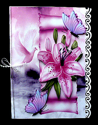 Pink Lillies and Butterflies on a Scroll with Dove by Diane  Hitchcox