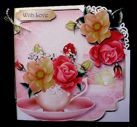 Teacup, Saucer & Peach Melba Roses - Shaped Topper by Diane  Hitchcox