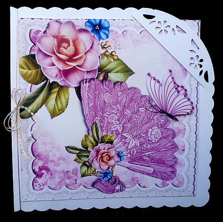 Vintage Pink Lace Fan with Butterflies & Roses 8x8 by Diane  Hitchcox