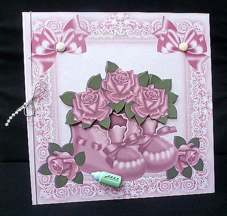 Pink Bootees, with Pink Roses in Lace Frame 8x8 by Diane  Hitchcox