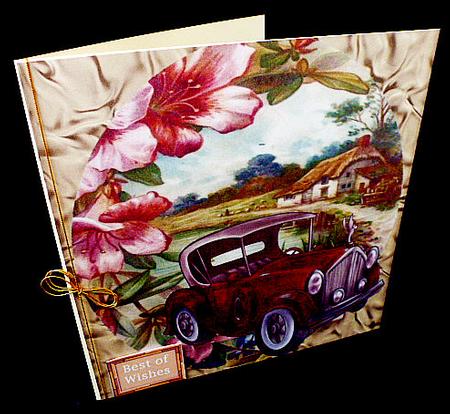 Red Vintage Car with Flowers and a Cottage 8x8 by Diane  Hitchcox