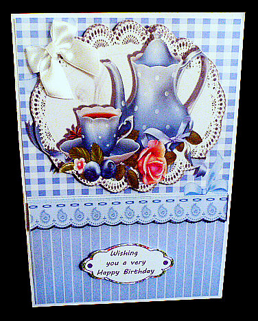 Pretty Blue Porcelaine China with Roses on Lace by Diane  Hitchcox