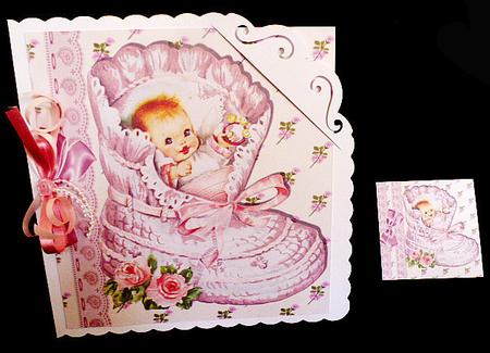 Sweet Little Baby Girl in a Pink Bootie with Bows 8x8 by Diane  Hitchcox