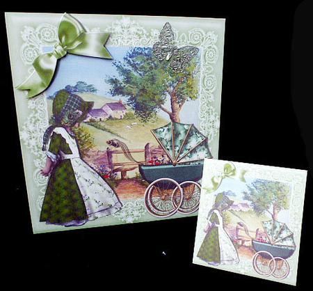 Bonnet Girl with Baby in the Meadows with Cottages 8x8 by Diane  Hitchcox