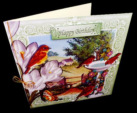 Pretty Birds in the Spring with Meadows and Cottages 8x8 by Diane  Hitchcox