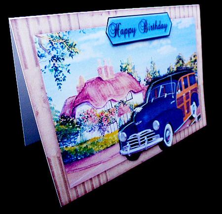 Blue 1948 Vintage Woody, with Pretty Cottage by Diane  Hitchcox