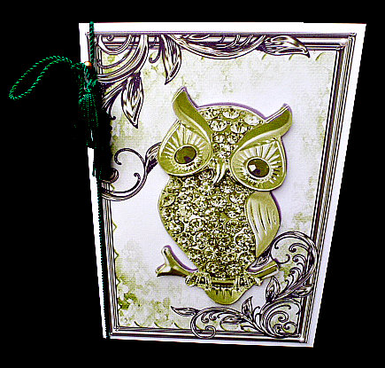 Green Sparkle Owl with Flowers in Ornate Frame by Diane  Hitchcox