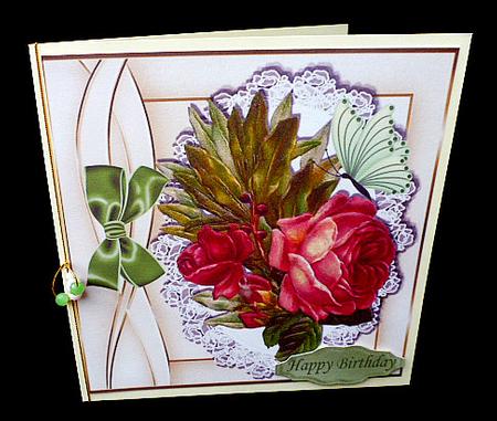Beautiful Vintage Red Roses on Lace with Bow 8x8 by Diane  Hitchcox