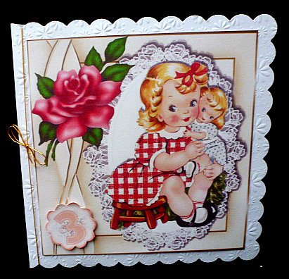 Little Girl Cuddling Her Dolly on Lace with Rose 8x8 by Diane  Hitchcox