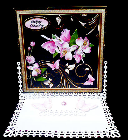 Pink Flowers on Black and Gold Large Card Front by Diane  Hitchcox