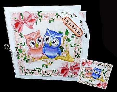 Cute Little Peach/blue Owls on a Branch with Blossoms 8x8 by Diane  Hitchcox