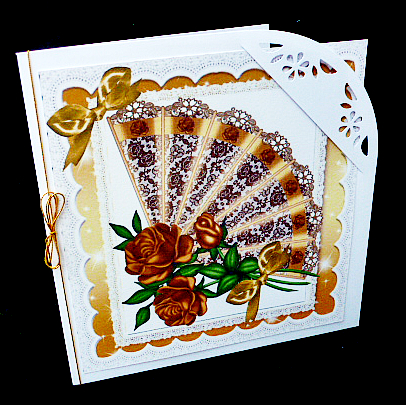 Pretty Gold Lace Fan with Roses, in Lace Frame 8x8 by Diane  Hitchcox
