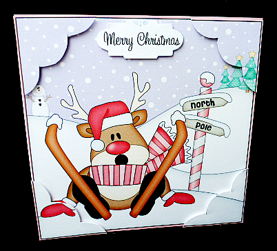 8 x 8 Christmas Skiing Oops Rudolph Scalloped Corner Topper by Diane  Hitchcox