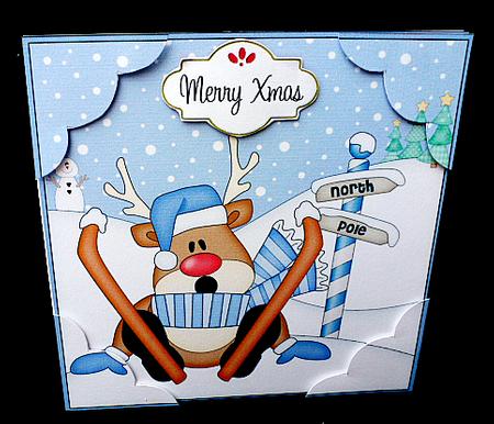8 x 8 Christmas Skiing Oops Rudolph Scalloped Corner Topper by Diane  Hitchcox