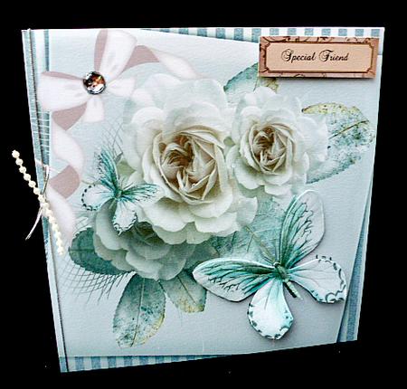 Pink Blush Roses with Ornate Grey Butterflies 8x8 by Diane  Hitchcox