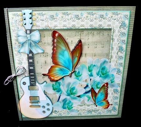 Pretty Blue Flowers, Guitar and Blue Butterflies 8x8 by Diane  Hitchcox