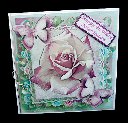 Pink Sparkle Rose on Lace with Paper Butterflies 8x8 by Diane  Hitchcox