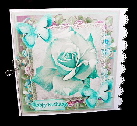 Blue Sparkle Rose on Lace with Paper Butterflies 8x8 by Diane  Hitchcox