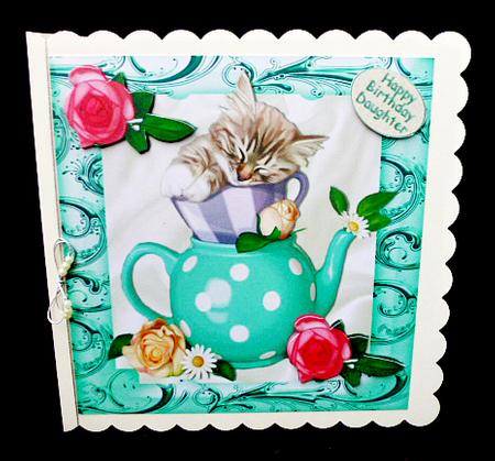 Sleepy Kitty in Polkadot Teacup and Roses 8x8 by Diane  Hitchcox