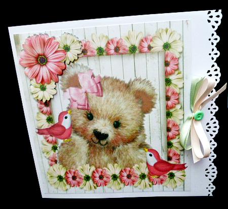 Gorgeous Little Fuzzy Bear with Birds and Pink Flowers 8x8 by Diane  Hitchcox