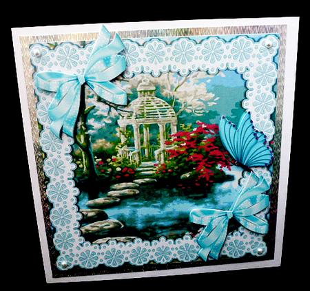 Pretty Japanes Garden with Waterfall and Butterflies 8x8 by Diane  Hitchcox