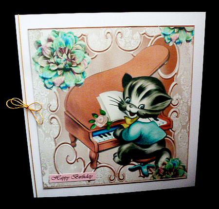 Cute Kitty Playing the Peach Piano with Flowers 8x8 by Diane  Hitchcox