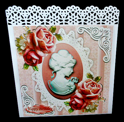 Pretty Peach Roses with Cameo on Vintage Lace 8x8 by Diane  Hitchcox