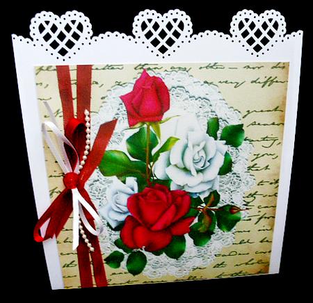 Red and White Roses on Lace and Script with Bow 8x8 by Diane  Hitchcox