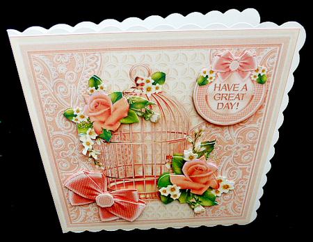 Coral Velvet Roses on a Golden Bird Cage 8in x 8in Decoupage by Diane  Hitchcox