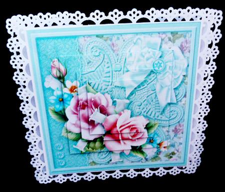 Roses and Flowers on a Lace Doily 6in x 6in Pyramage by Diane  Hitchcox
