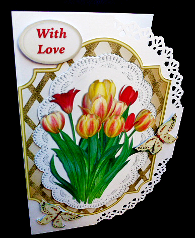 Spring Red and Yellow Tulips on Lace with Butterflies by Diane  Hitchcox