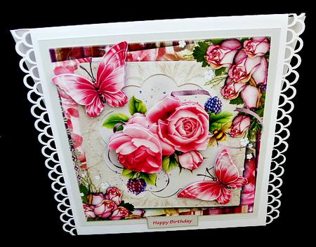 Pink Rose and Butterfly 7.5x7.5 Card by Diane  Hitchcox