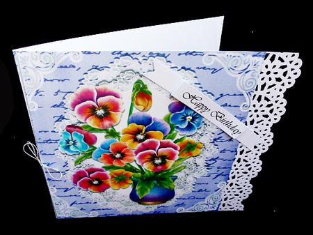 Pretty Coloured Pansies in a Vase on Lace & Script 8x8 by Diane  Hitchcox