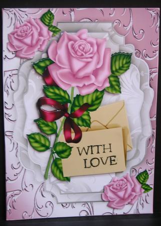 Pink Roses with Envelopes with Pink Flourish Background by Diane Sixsmith