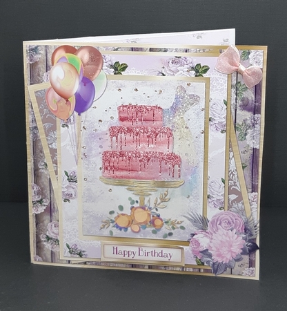 5 x 5 Quick Cut & Fold Card Shabby Pink Glitter Cake with Sentiments Pink/Lilac/Gold by Diane  Vermeer