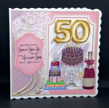 Age 50 Champagne,cake and presents card front by Diane  Vermeer