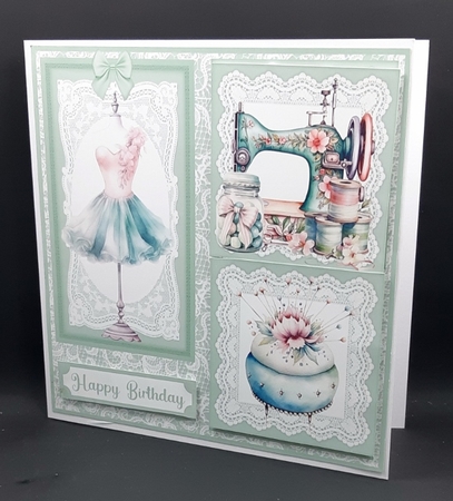 Green lace 3 panel sewing themed card front 8 by Diane  Vermeer