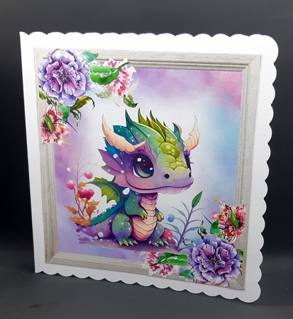 4 Cute Dragons With Flowers Pink & Purple 8x8 Card Fronts Mini Kit by Diane  Vermeer