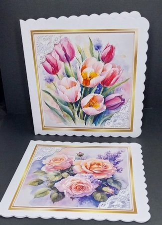 2 Pretty Floral Toppers With Lace Corners  Card Fronts (SET TWO) by Diane  Vermeer