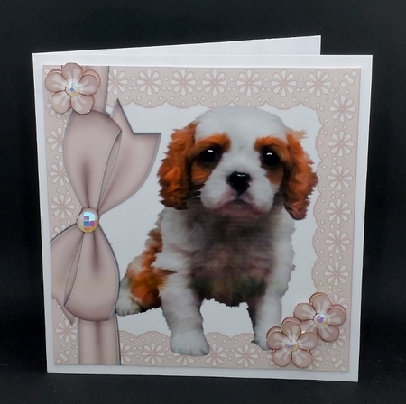 Cute little tan and white cavalier puppy with bow and buttons 8x8 by Diane  Vermeer
