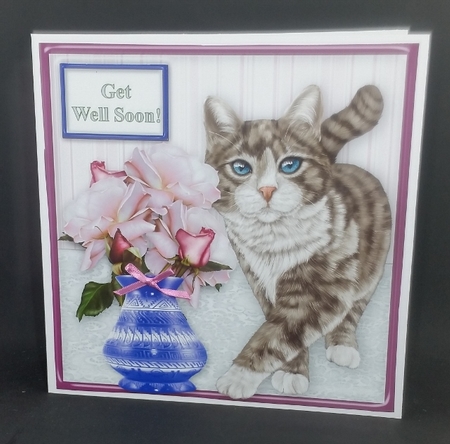 Silver Tabby Cat Tiptoeing Round The Roses - 8 x 8 Card Topper by Diane  Vermeer