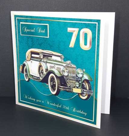 70th Birthday card front with Vintage MG & decoupage. Family tags by Diane  Vermeer
