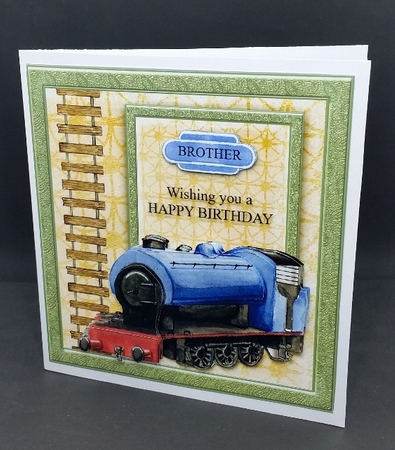 6 x 6 ins blue train topper with decoupage and choice of Name tag by Diane  Vermeer