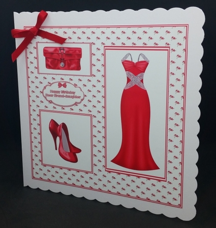 8 x 8 ladies red dress card front by Diane  Vermeer