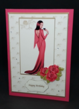 A5 lady in red card front with decoupage roses. by Diane  Vermeer