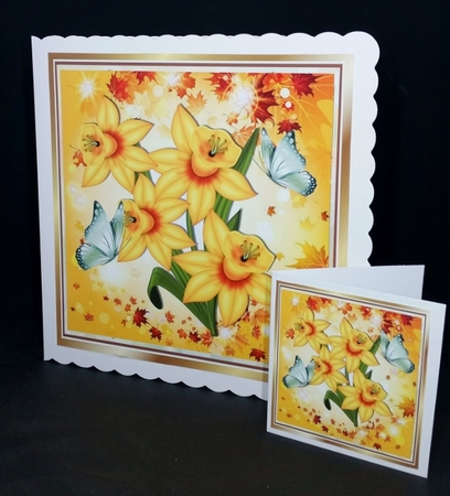 Golden daffodils with butterflies in leaf 8x8 frame by Diane  Vermeer